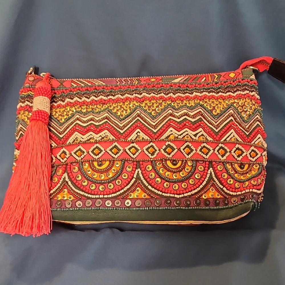 Steve Madden Beaded Bohemian Multicolor Purse with Pink Tassel - Picture 1 of 9